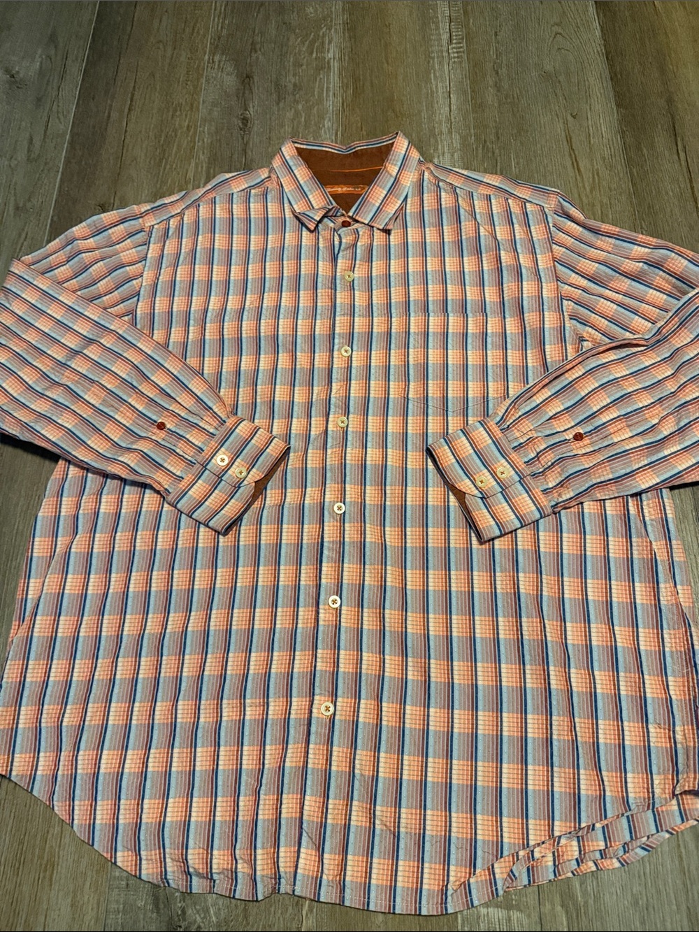 Tommy Bahama Peach & Light Blue Plaid Long-Sleeve Shirt